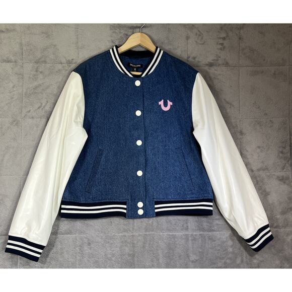 True Religion Guitar Buddha Varsity Jacket Women Large Denim White Retro Y2K NEW - Picture 1 of 12